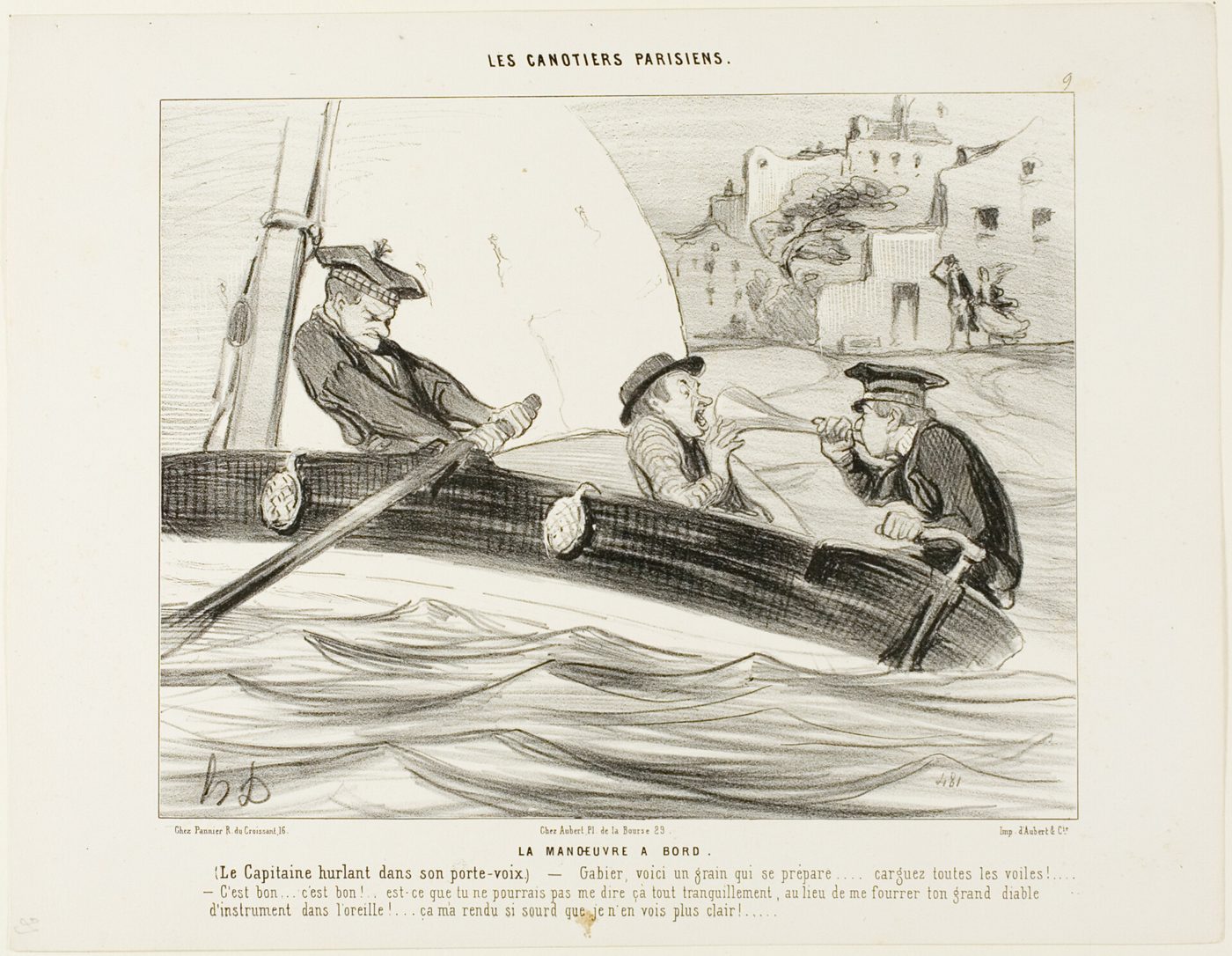 Daumier lithograph, 1843: a boat captain shouts through a speaking trumpet straight into a rower’s ear