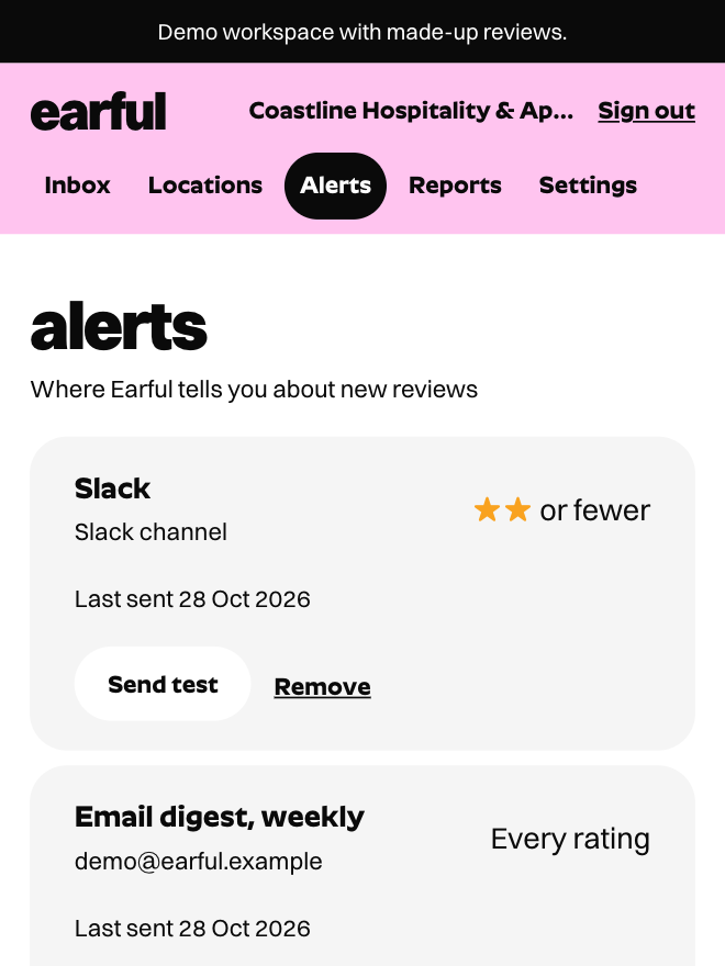 Earful alert settings: Slack for one and two stars, email for the rest