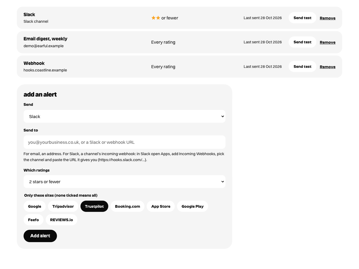 Earful alert settings: a Slack alert for two stars or fewer, and a new one being set up for Trustpilot