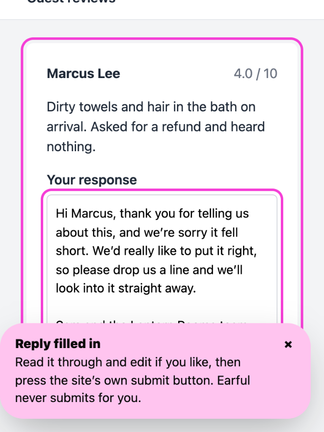 The Earful Companion has filled a drafted reply into a review site’s reply box