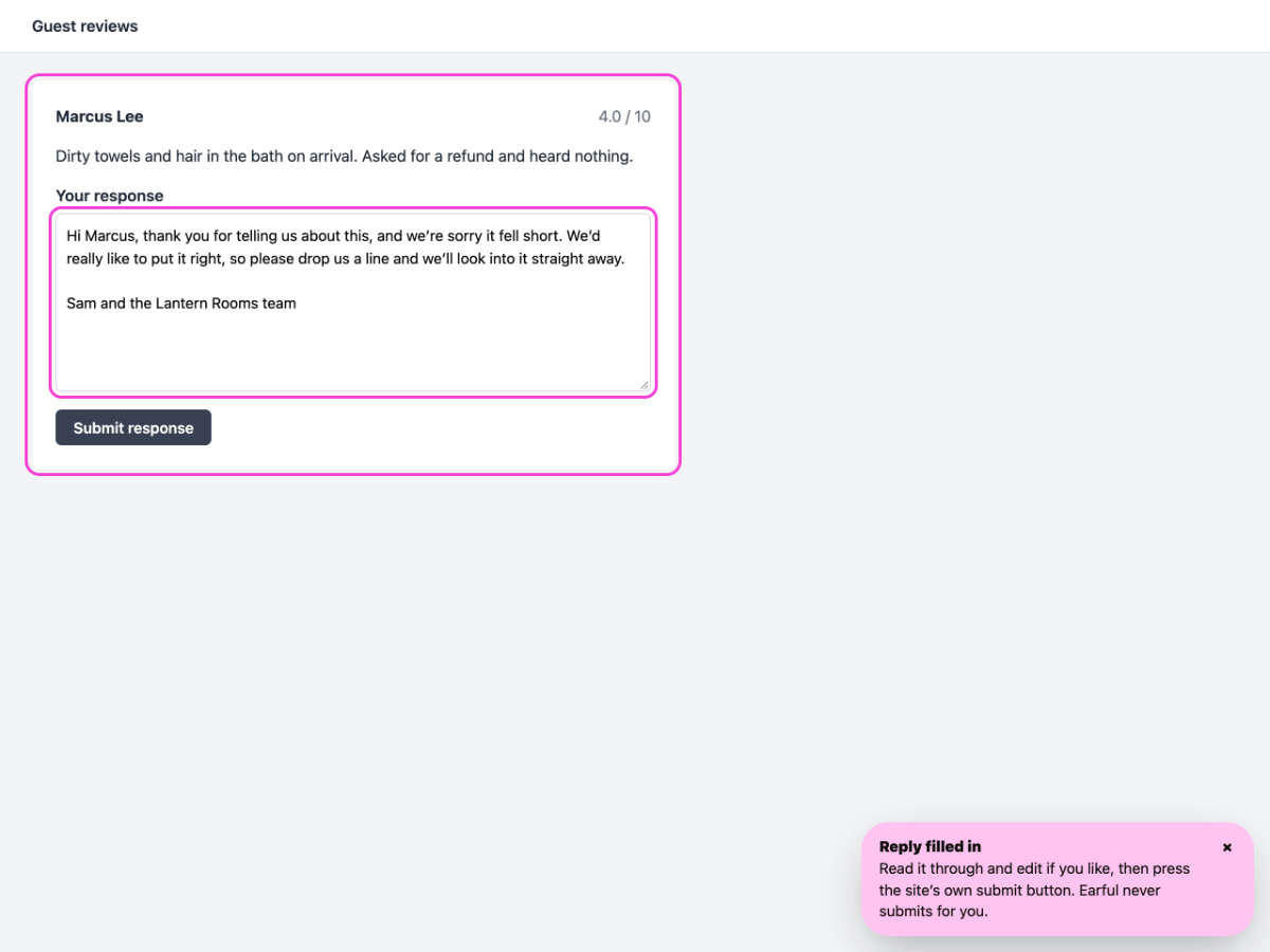 The Earful Companion has filled a drafted reply into a review site’s reply box, ready for the owner to submit