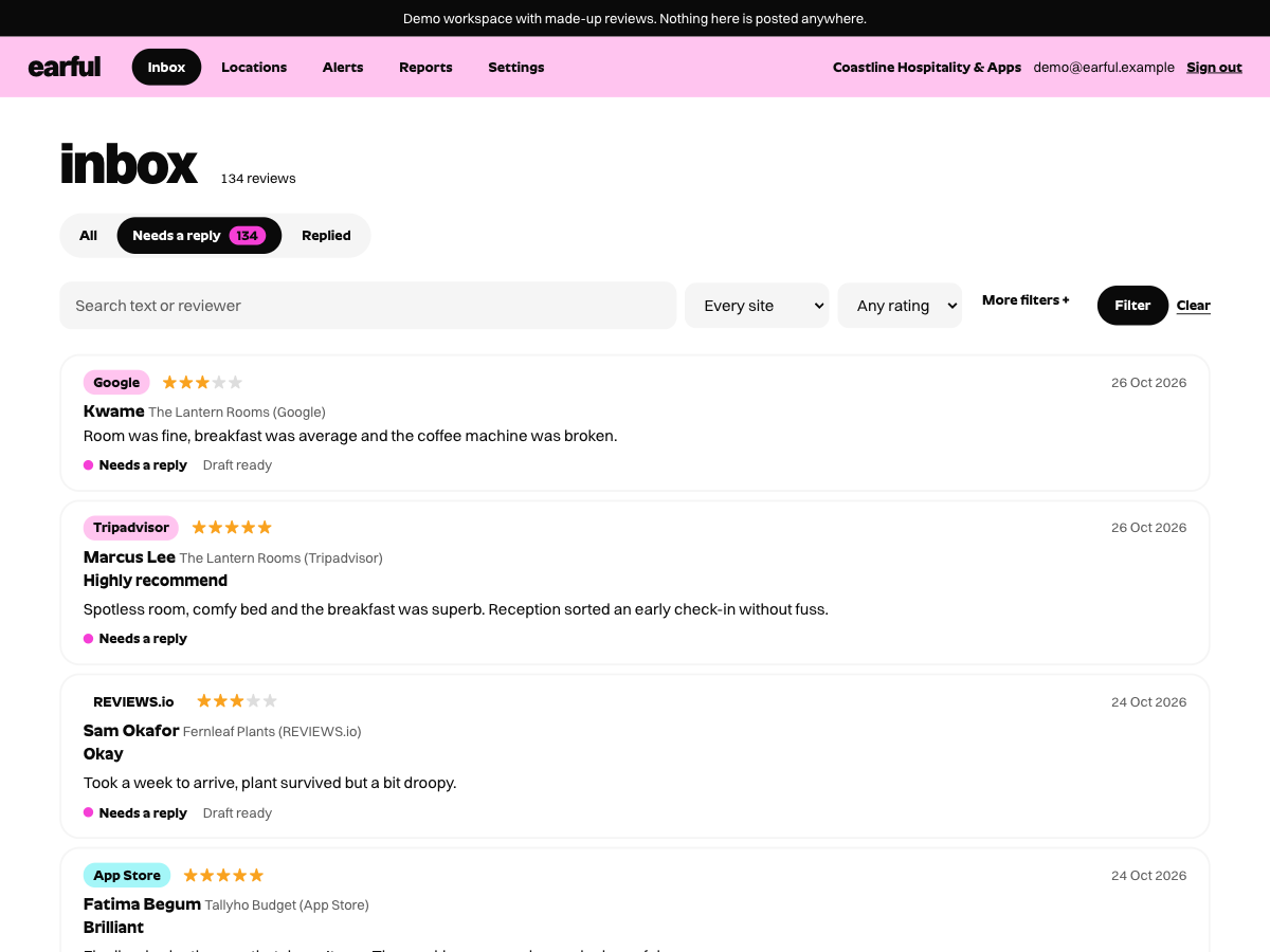 The Earful inbox on a laptop with reviews from six sites in one list