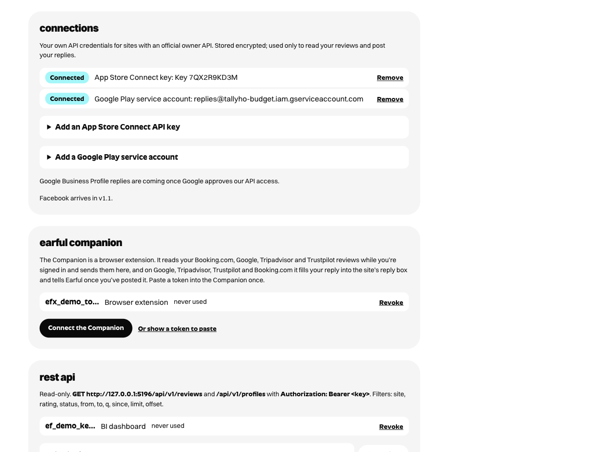 Earful settings with an App Store Connect key and a Google Play service account connected