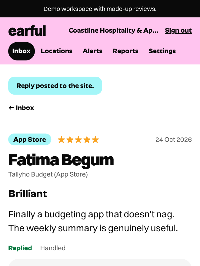 An App Store review in Earful with the reply marked as posted