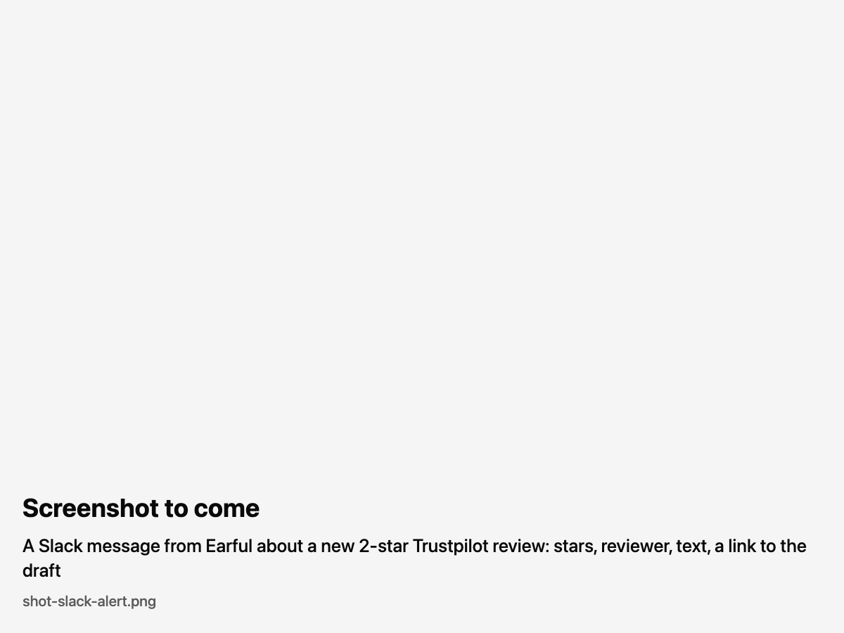 A Slack message from Earful about a new two-star Trustpilot review, with a link to reply in Earful