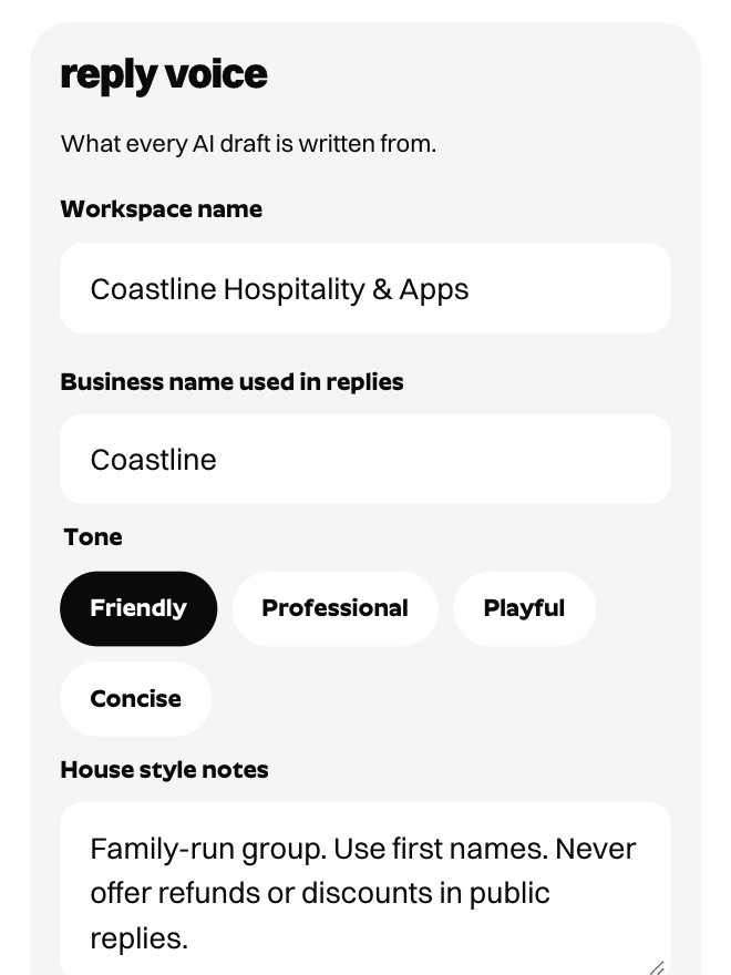 Earful voice settings with a name, sign-off and tone